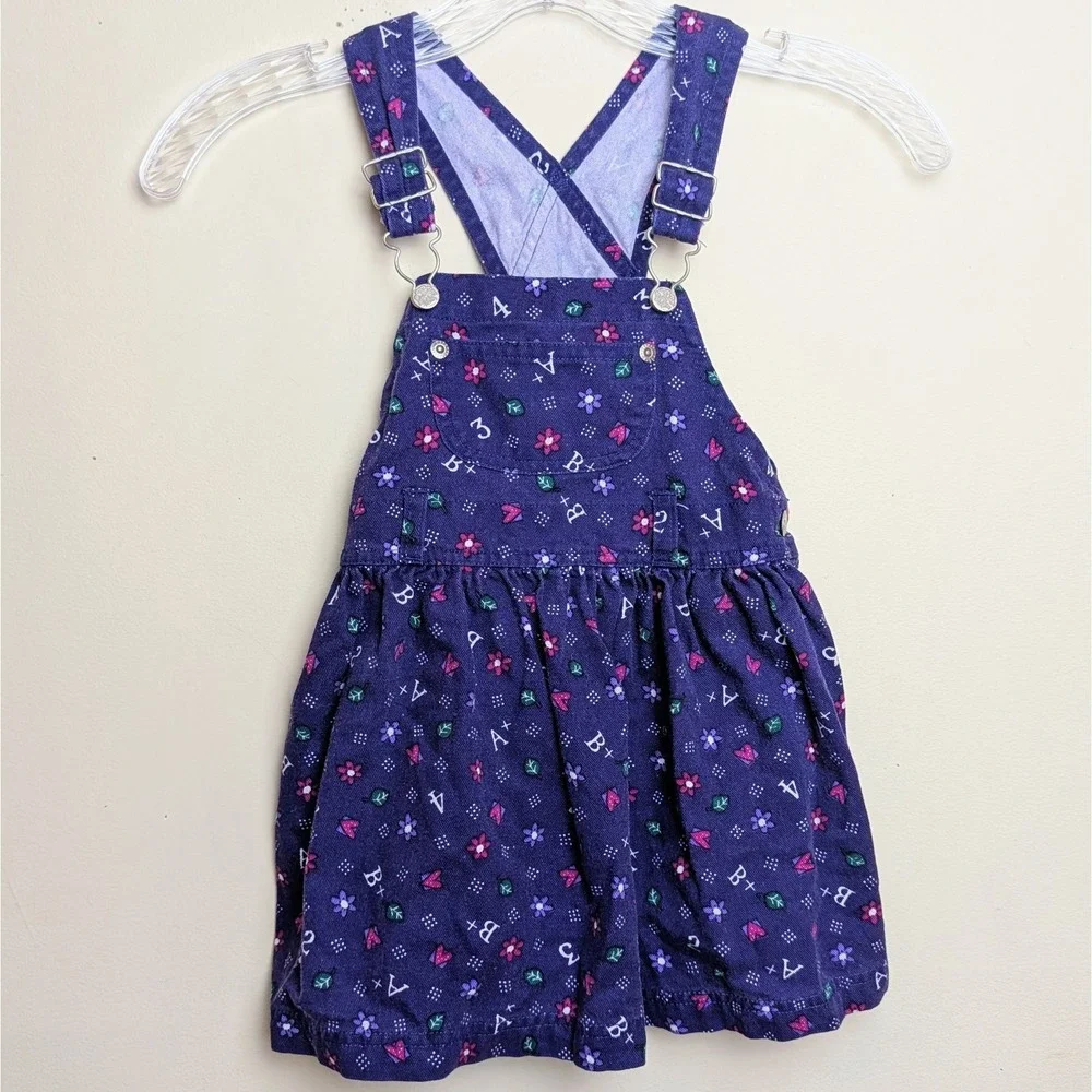 Vintage 90s Oshkosh Bgosh Purple ABC 123 Floral Jumper Overall Dress Size 4T
